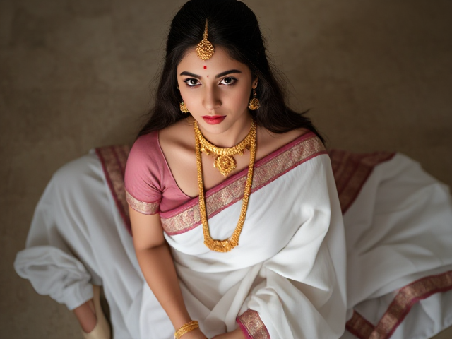 Woman in white saree with gold jewelry, a bindi, and white shoes