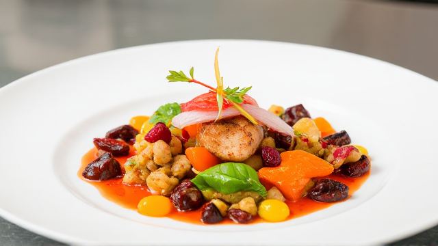 Gourmet dish artfully plated, exquisite presentation, vibrant colors, elegant and intricate details with a transparent background