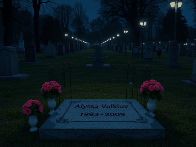 A grave that has the name 'Alyssa Volklov 1993-2009' engraved on it with roses in vases surrounding it at night with other graves (cemetery)