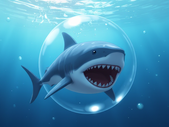 Crée une image d'un bébé megalodon type dans une bulle d'eau qui vole
