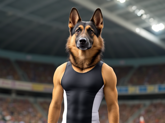 A tall ((anthropomorphic)) German shepherd Olympic swimmer with a long torso  wearing a one piece swimsuit standing on the pool deck