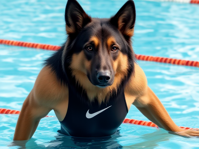 A tall anthropomorphic long haired German shepherd with a long torso and broad shoulders, wearing a high cut Nike one piece swimsuit and swimming goggles, in a Olympic swimming pool
