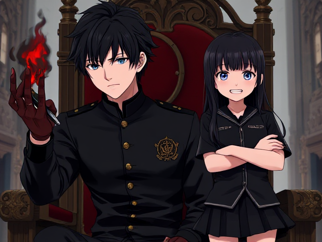 A young adult male with messy black hair and blue eyes sitting in a throne in a kingdom, his left hand has dark blood red, black flames coming from it and in his right hand is a small short sword, he is wearing a naval style all black with gold badge on it clothes and next to him is a girl his age with long black hair wearing a black very short skirt with her arms crossed standing with her face close to the camera and has a huge creepy grin and he is in the back, anime