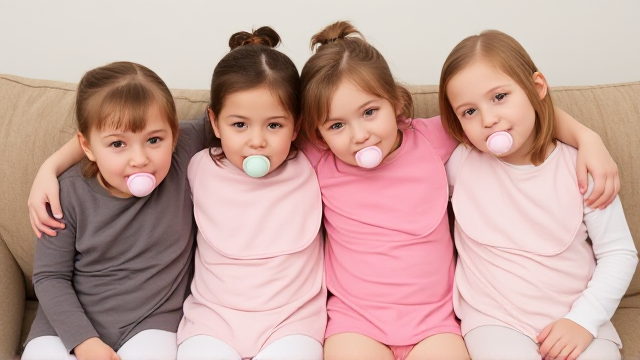 Quatre filles adolescentes  assis dans un canapé avec des tee-shirt manche longue avec des grands bavoir simple de différentes couleurs et des tétine en bouche elles ont les cheveux lisses et dégage à l’avant et elles ont des tétines en bouche et elles se font un gros câlins