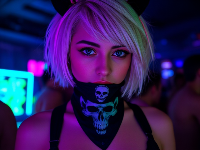 Young nymph Goth Baddie in neon rave outfit, dark club, neon makeup, neon short silver hair, skull bandana on mouth, hyperrealistic, 4K