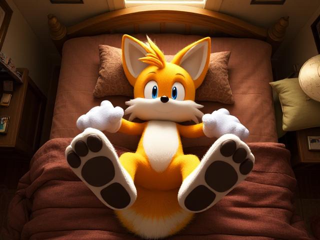 A highly detailed and realistic top down shot Miles Tails Prower, the two-tailed anthropomorphic fox from the Sonic the Hedgehog video game series, laying on his back on a bed in a well-decorated and lifelike bedroom with intricate textures in a very adorable pose with his paws up in the air and the digital pads of his feet showing, soft lighting that highlights the fur details, surrounded by cozy elements like pillows and blankets, with rich color palettes, visible wood grain furniture, and subtle background decorations such as framed pictures and ambient light sources, Tails is not wearing shoes or gloves