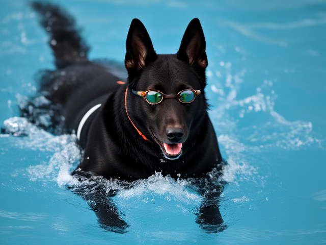 A anthropomorphic black German shepherd swimming wearing a Nike swimsuit and goggles