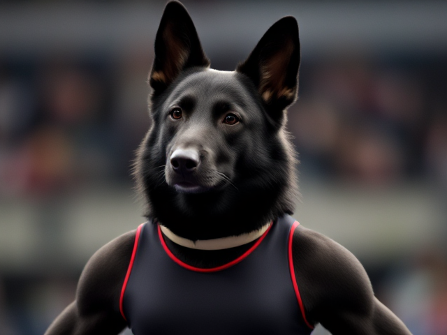 A anthropomorphic black German shepherd Olympic gymnast wearing a leotard