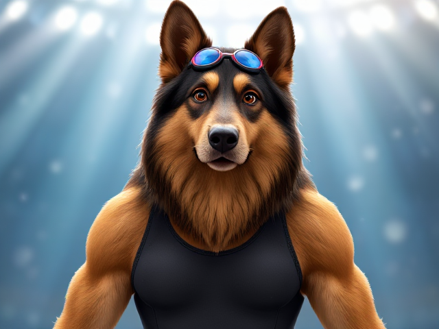 A tall anthropomorphic long haired German shepherd Olympic swimmer with a long torso, wearing a one piece swimsuit and swimming goggles