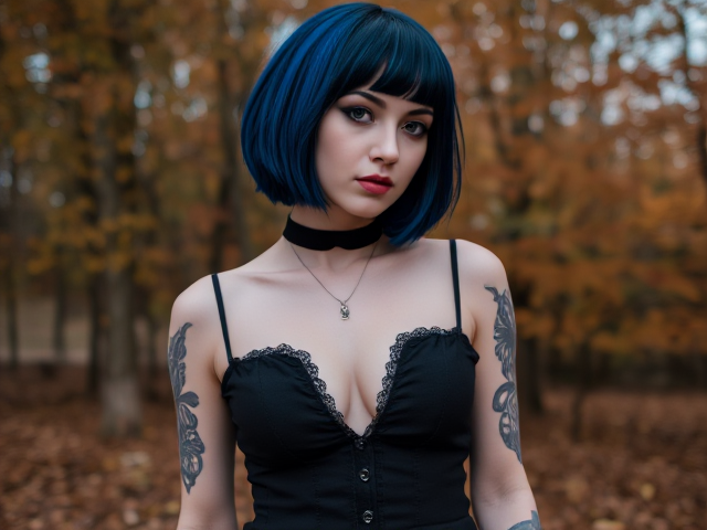Sslim, fit, Nymph Goth girl, 20 years, with blue black short hair, dark makeup, tattoos, Halloween spooky dress, fall Autumn leaves and trees in background.