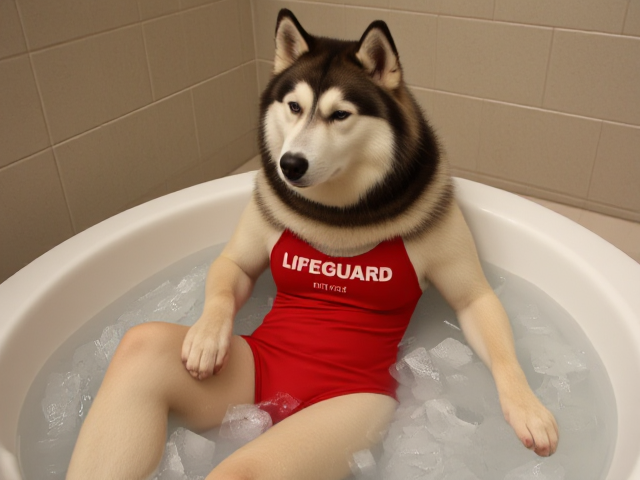 A anthropomorphic alaskan malamute wearing a red lifeguard one piece swimsuit sitting in a ice bath relaxing her sore muscles