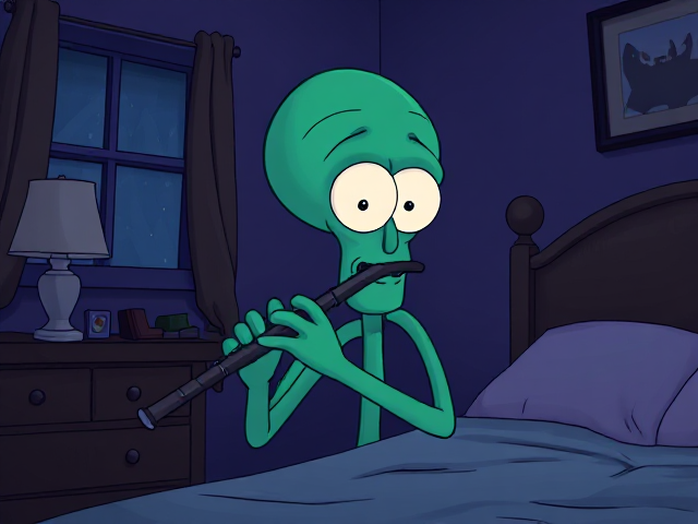 Squidward playing clarinet in his bedroom at night