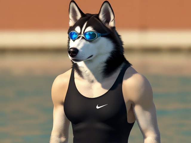 A tall Siberian Husky with a long torso and broad shoulders wearing a high cut Nike one piece swimsuit and swimming goggles