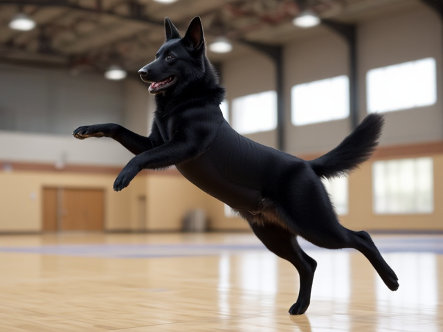 Anthropomorphic black German shepherd wearing a gymnastics leotard, performing in a gymnasium, detailed fur and muscular build, dynamic pose