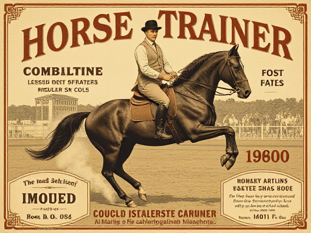 Vintage flyer of a 1900s horse trainer in action, showcasing equestrian skills, with period-appropriate typography and design elements