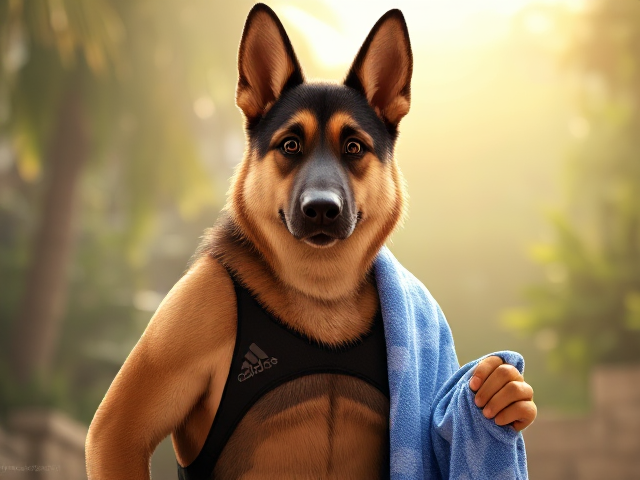 A tall anthropomorphic German Shepherd wearing a adidas swimsuit drying off with a towel Seed 27826409
