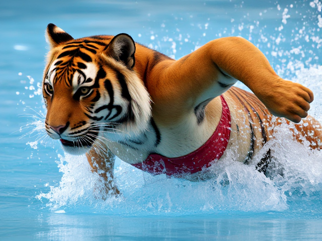 Anthropomorphic tiger in a swimsuit performing a swimming stroke, detailed fur texture, dynamic water splashes, realistic lighting