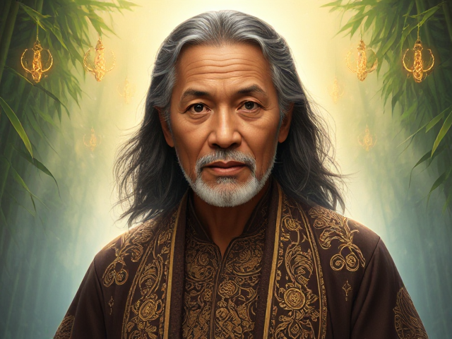 an old Filipino priest wearing traditional garments, like a barong Tagalog, adorned with intricate patterns that symbolize nature and spirituality. He has long, flowing hair and a serene expression, with wise, twinkling eyes that reflect deep knowledge. Surround him with ethereal light, mystical symbols, and elements of nature, such as bamboo, rice fields, or tropical flowers, creating an epic, magical atmosphere.