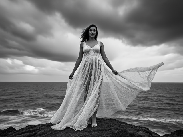 a powerful black-and-white fine art photograph of a woman standing front on, 
on a rocky cliff by the sea, wearing a long, flowing, semi-transparent white lace fabric skirt dramatically blown by the wind, fabric swirling like ocean waves, stormy skies overhead with dramatic clouds, intense chiaroscuro lighting, cinematic mood, high contrast, emotional and ethereal atmosphere, photo-realistic, taken with a telephoto lens, depth of field focused on subject, sharp texture details in rock and fabric, looking at camera