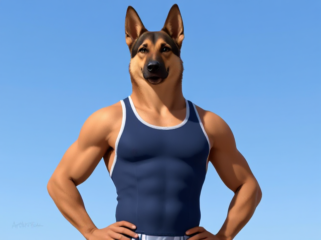 A tall and lean anthropomorphic German shepherd with long forearms wearing a water polo swimsuit
