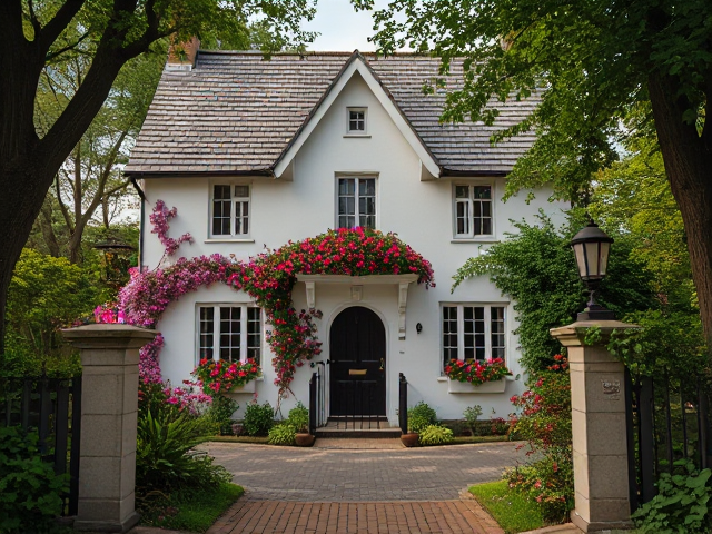 At the end of a tree-lined street stood a cottage that looked like it had been plucked straight from a fairy tale. It was a two-story structure with white-painted walls and a steep, gabled roof covered in weathered slate tiles. Climbing roses framed the arched front door, and window boxes overflowed with colorful flowers. A wrought-iron gate opened onto a brick pathway