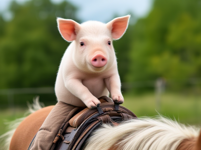 A cute pig riding a horse