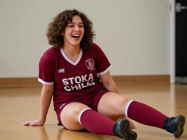 beautiful Jewish woman with curly hair in burgundy field hockey uniform with shin guards on the floor laughing hysterically again and again and again.