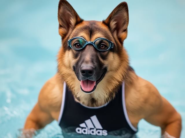 A anthropomorphic German shepherd wearing an adidas swimsuit and swimming goggles