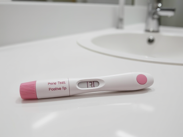 English Positive pregnancy test laying flat on a white bathroom counter, with a silver sink, and a mirror