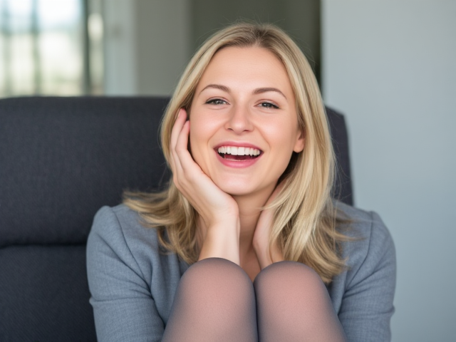 Beautiful blonde business woman in grey pantyhose laughing her face off again and again and again