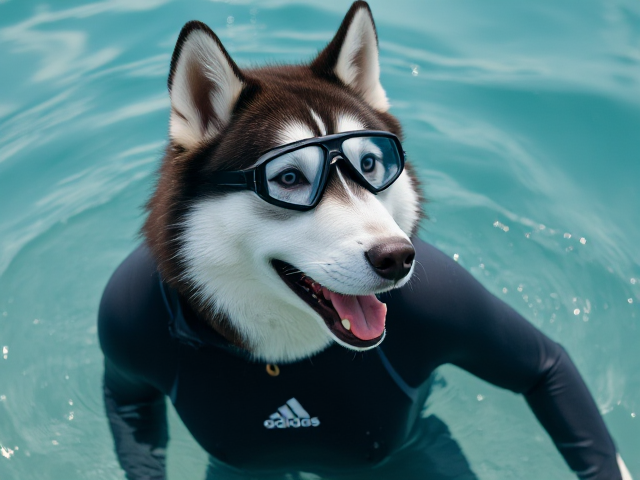 A anthropomorphic Siberian husky wearing an adidas swimsuit and Freediving goggles