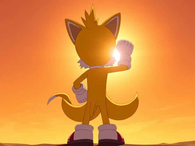 a young version of Miles Tails prower, standing in his iconic victory pose where his back is facing the camera and he is looking over his shoulder towards the camera, Tails has one hand down by his waist, and the other hand clenched in a fist up in the air, His Two Tails are twisting around each other