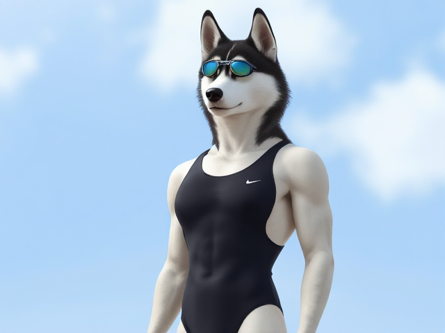A tall and lean anthropomorphic Siberian husky with a long torso and broad shoulders wearing a high cut Nike one piece swimsuit and swimming goggles