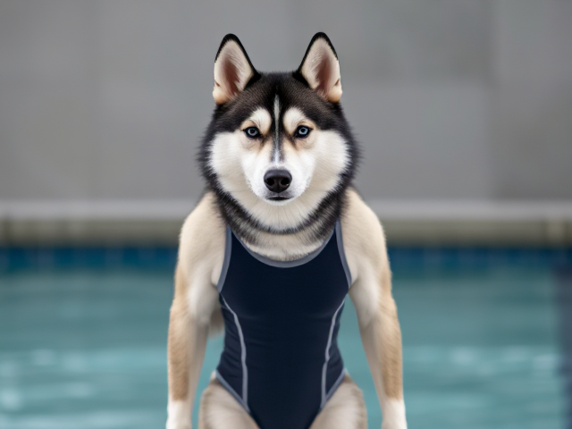 A anthropomorphic Siberian husky wearing a sport swimsuit