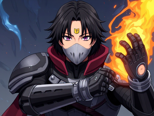 Young adult male with medium to long black hair wearing futuristic armor and futuristic gauntlet that’s on the right shoots ice and the right shoots fire and a wears a futuristic mask, anime