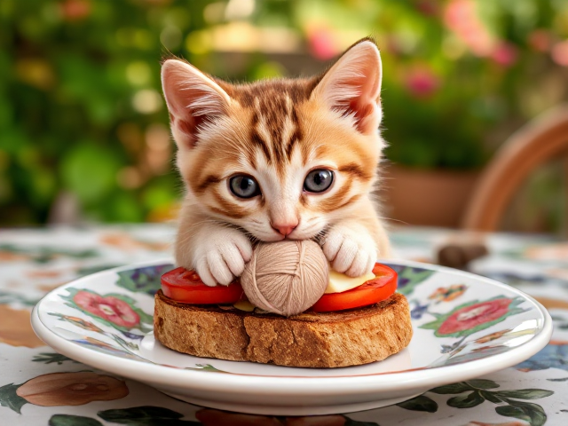 Una bruschetta pomodorro e mozzarella. Colorful, floral ceramic plate. Location: Terrace in Sicily. A kitten plays with a ball of wool on the table.
