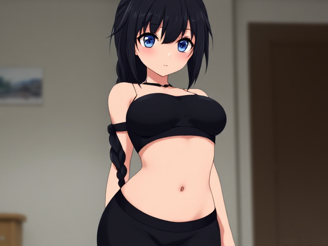 A anime shy girl with black hair tied in a braid with beautiful blue eyes wearing a black crop top and leggings with a curvy body and curvy legs.