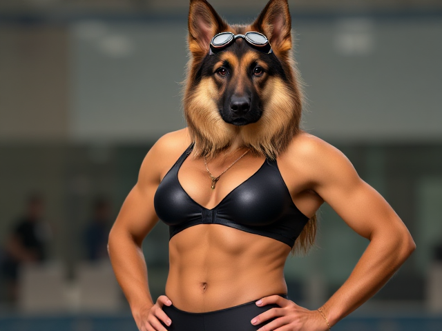 Anthropomorphic German shepherd with long hair, athletic build, wearing a sleek swimsuit and goggles, posing confidently