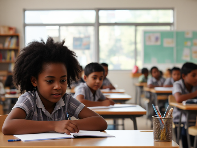 Des élèves afro américains âgés de huit ans assis dans une salle de classe lumineuse, concentrés sur un devoir, avec des bureaux et du matériel scolaire visible autour d'eux, lumière naturelle entrant par les fenêtres