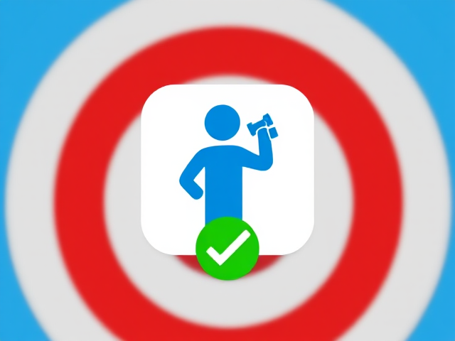 Include an icon of a person lifting a blue dumbbell, symbolizing physical activity or self-care. Place this icon slightly to the right of the target icon but closer to the center of the frame. Enclose it within a white, rounded square background and position a green checkmark below it to reinforce its positive meaning.