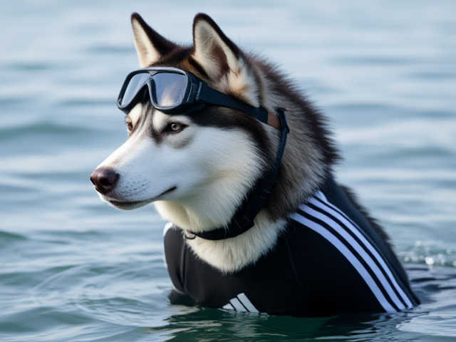 A anthropomorphic Siberian husky wearing an adidas swimsuit and Freediving goggles