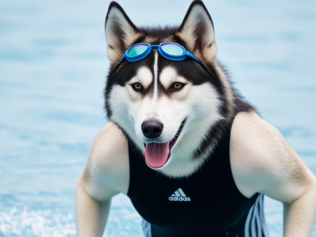 A anthropomorphic Siberian husky wearing an adidas swimsuit and swimming goggles