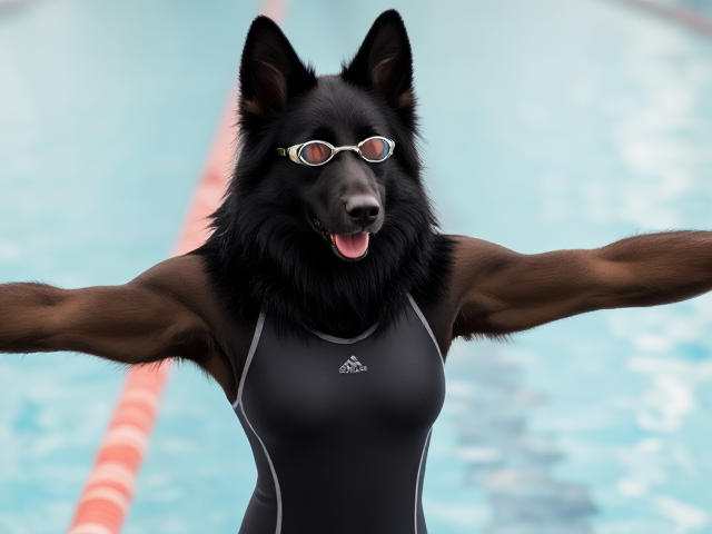 A tall anthropomorphic long haired black German shepherd wearing an adidas swimsuit and swimming goggles stretching her arms before a swim