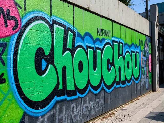 Graffiti dynamique et coloré avec le mot "Chouchou" sur un mur urbain,couleur verte et bleu en dégradé lumière naturelle éclatante, détails ultra-réalistes, textures riches, arrière-plan urbain animé, éléments de rue modernes, effet de profondeur