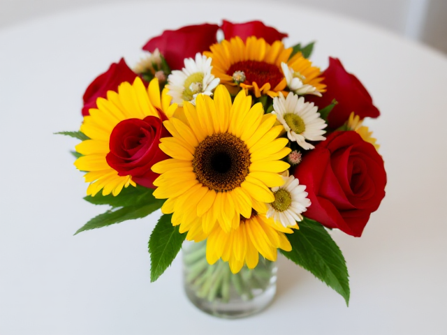 Can you create a small bouquet with red roses, sunflowers and daisy in a small clear vase