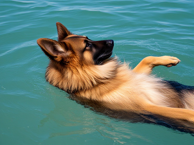 A long haired German shepherd wearing Freediving goggles with its head just out of the ocean’s water lying on its back