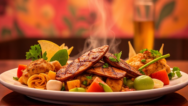 Delicious gourmet cuisine artfully arranged on a vibrant, colorful backdrop with the background of the image similar to  a restaurant landing page template.