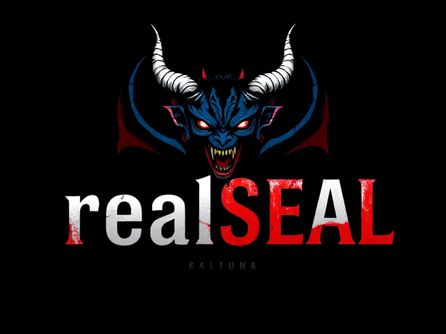 , text that says realSEAL in the middle with a demon or other mystical beings head above or behind it, color scheme: black, red, blue and white, smaller text