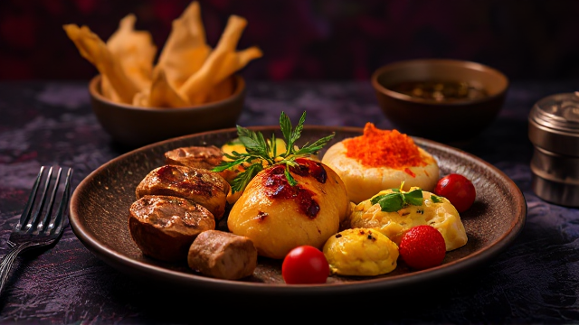 Delicious gourmet cuisine artfully arranged on a vibrant, colorful backdrop, showcasing intricate details and rich textures, emphasizing elegance and creativity. The background of the image should be texture patterns with a dark blend