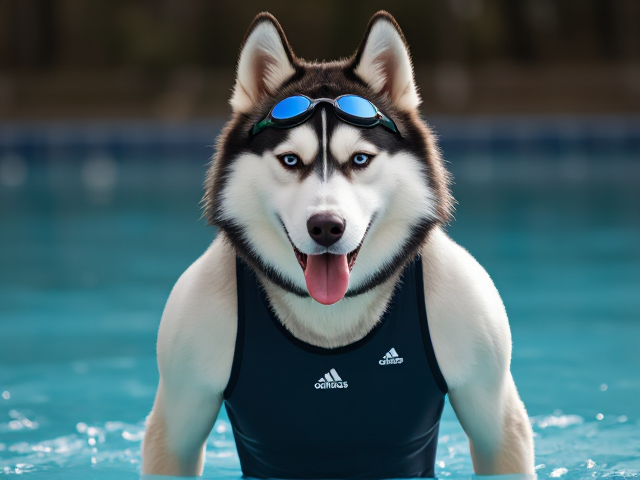 A anthropomorphic Siberian husky wearing an adidas swimsuit and swimming goggles